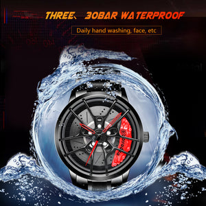 Car Wheel Watch-Waterproof Stainless Steel Japanese Quartz Wrist Watch (Red)